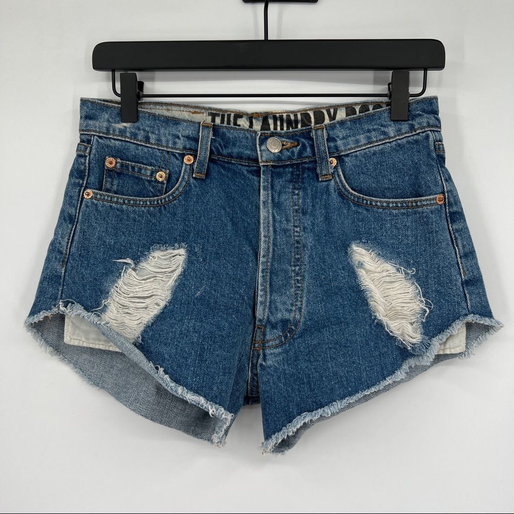 The Laundry Room Print Pocket Camo Cutoff Distressed Rips Frayed Jean Shorts